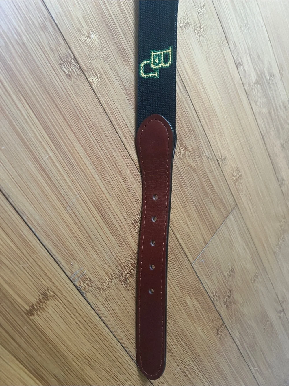 Smathers & Branson Baylor Belt Pine Leather Green-Yellow Needlepoint Sz 40 USA